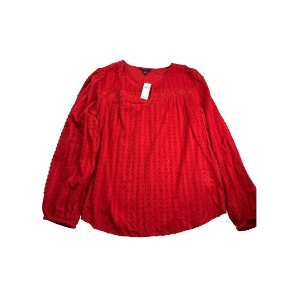 Banana Republic Factory Red Semi Sheer Swiss Dot Textured Long Sleeve Top L New - Picture 1 of 6